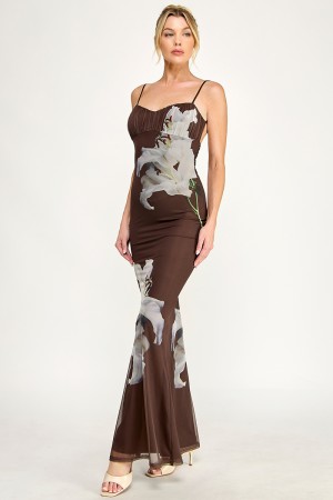 VID52342-5<br/>MESH FLOWER PRINT SWEETHEART NECKLINE STRAPS MAXI DRESS