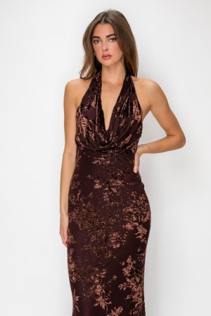 VID53147-5<br/>FLOCKING MESH W/ GLITTER DEEP COWL NECKLINE FLORAL PATTERN MERMAID SILHOUETTE MAXI DRESS