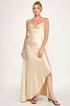 VID53258<br/>SATIN COWL NECK SPAGHETTI STRAP ASYMMETRICAL MIDI DRESS