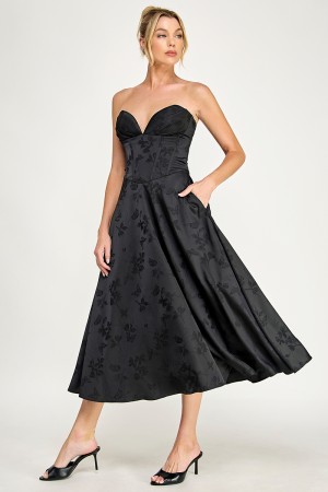 VID54139<br/>JACQUARD STRAPLESS DEEP SWEETHEART NECKLINE LACE-UP A-LINE MIDI DRESS
