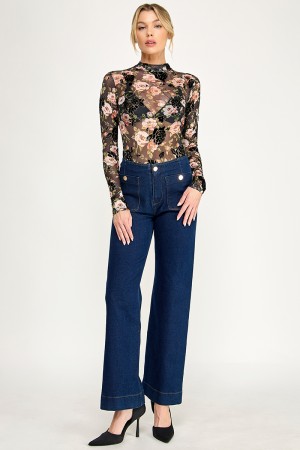 VIT52109-17<br/>MESH FLOCKING W/ GLITTER HIGH MOCK NECK LONG SLEEVES FLORAL PRINT BODYSUIT