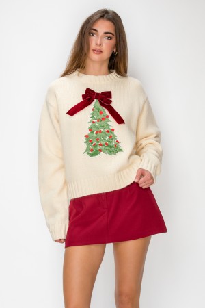 VIT53093<br/>Ivory Christmas Sweater with Bow & Tree Embroidery