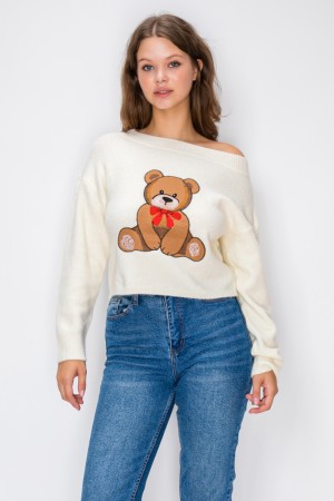 VIT54134<br/>LONG-SLEEVED ASYMMETRIC EMBROIDERED TEDDY BEAR SWEATER